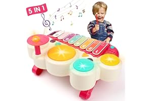 Popsunny Baby Musical Toys, 5 in 1 Toddler Drum Set Electronic Piano Keyboard Xylophone with Lights, Music Instruments Learning Toys Gifts for Boys Girls 1 2 3 Years Old