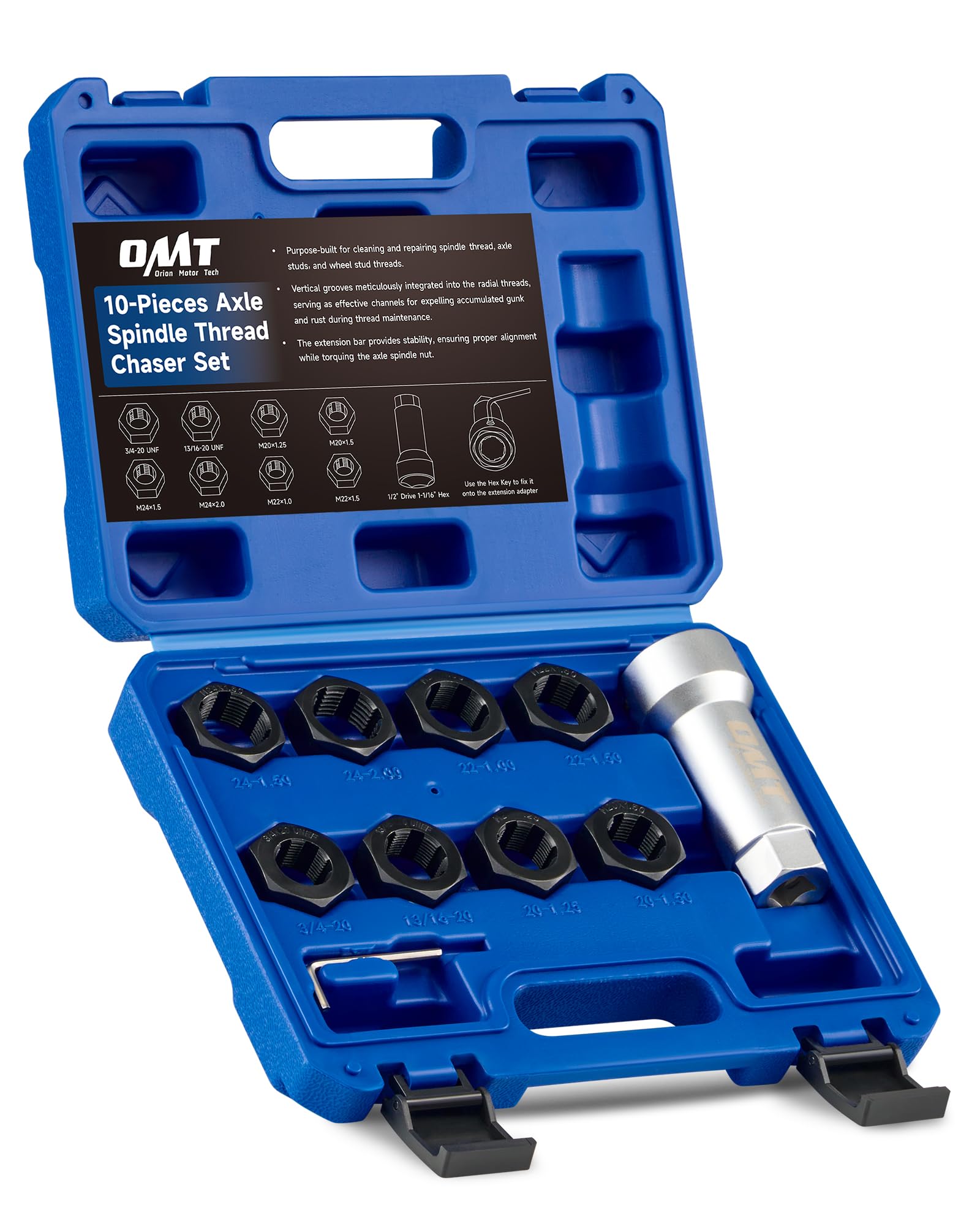 Photo 1 of Orion Motor Tech 10pc Axle Spindle Threading Set, Axle Thread Repair Kit with 8 Dies 1-1/16" Extension Bar, Axle Nut Rethreader with M20 M22 M24 & 13/16" 3/4" UNEF Nuts, Rethreading Tool Kit with Case