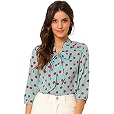 Allegra K Women's Printed Ruffle Shoulder Elastic Cuff Bow Tie Neck Blouse