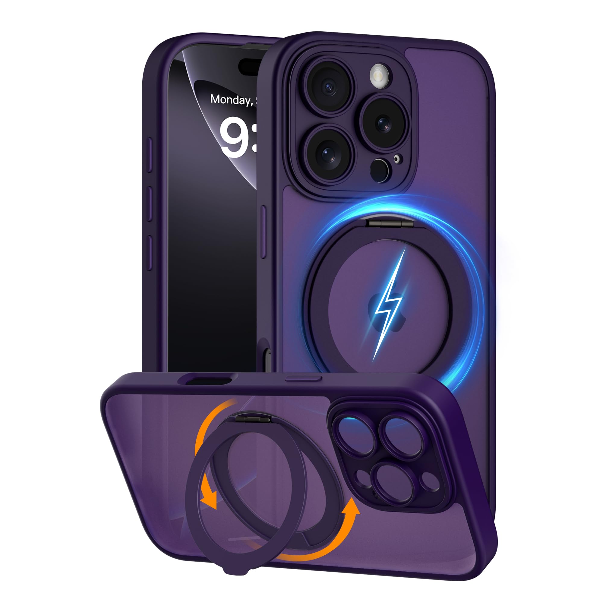 COOLQO for iPhone 16 Pro Max Case, Compatible with MagSafe, Translucent Matte, 360° Ring Holder Stand, Purple