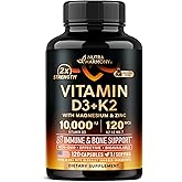 Vitamin D3 K2 - Vitamin D3 10000 iu & K2 as MK-7 120 mcg - Immune & Mood Support, for Bone & Teeth Health - with Magnesium, Zinc & Vitamin C & B12 - Highly Bioavailable - Made in USA, 120 Capsules