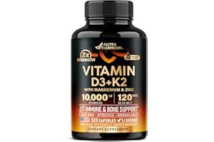 NUTRAHARMONY Vitamin D3 K2 - Vitamin D3 10000 iu & K2 as MK-7 120 mcg - Immune & Mood Support, for Bone & Teeth Health - with Magnesium, Zinc & Vitamin C & B12 - Highly Bioavailable - Made in USA, 120 Capsules