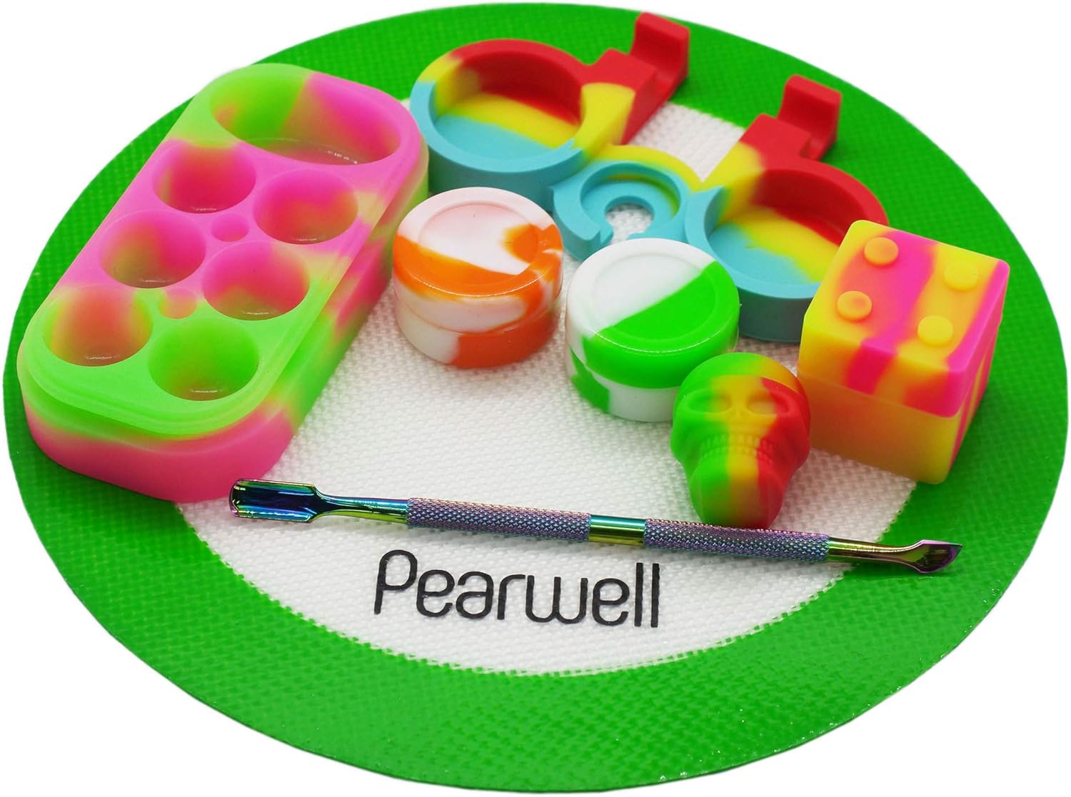 Pearwell Food Grade Silicone Wax Jar Mat Kit (Set of 8), 1 Green Round Mat + 1 Carving Tool + 1 Silicone Holder for 5ml + 5 Non-stick Silicone Containers 3ml 5ml 9ml 34ml (Green)