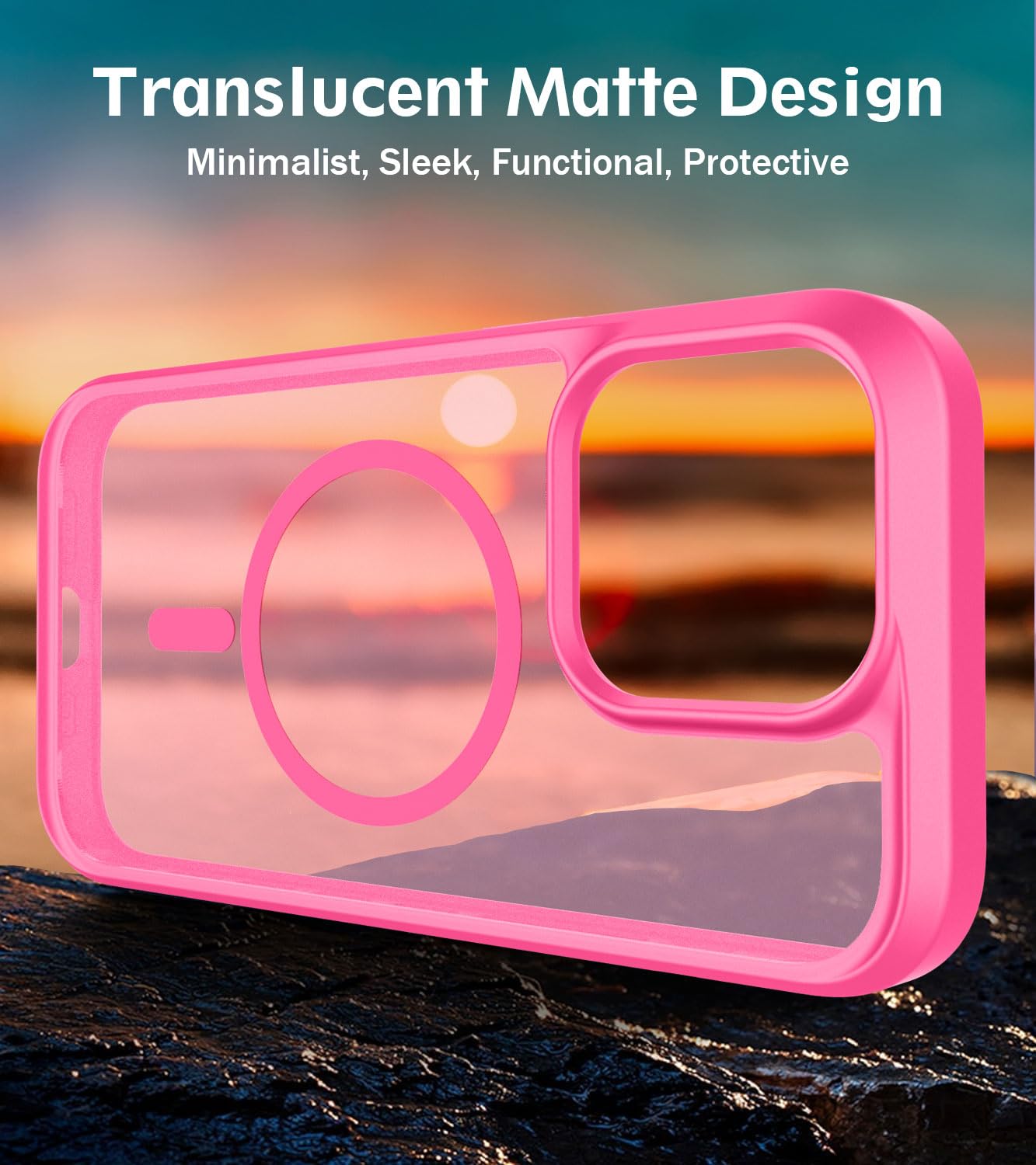 Ultra Strong Magnetic for iPhone 15 Pro Case, [Compatible with Magsafe] [Glass Screen + Camera Protector] Slim Translucent Matte Shockproof Case for iPhone 15 Pro Case 6.1 inch, Hot Pink