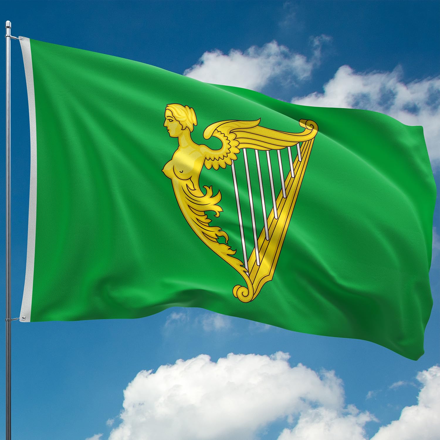 Irish Flag – Ireland Flag with Coat of Arms Harp - Éire tricolour flag - Double-sided Digital Print - 110Den Thick polyester - Double Seam - 2 brass eyelets, large 5ft x 3ft
