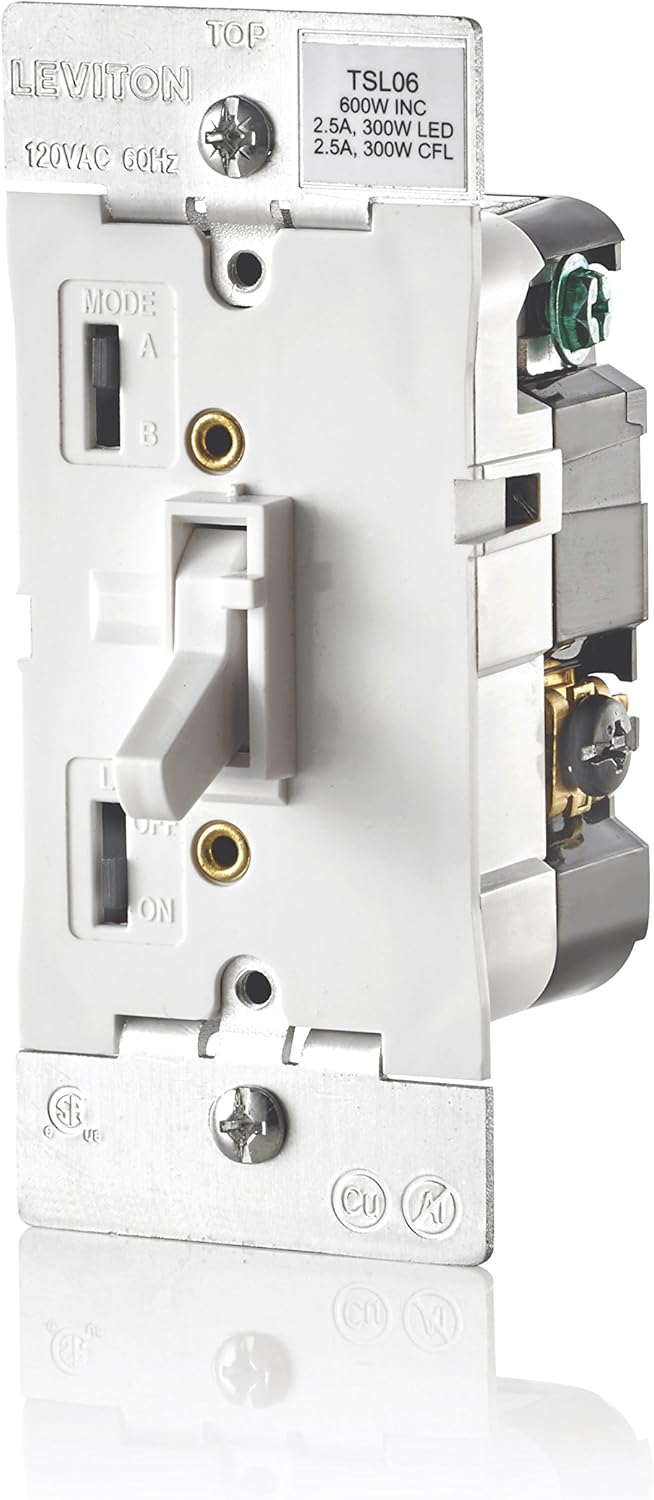 Leviton TSL06-1LW Toggle Slide Universal Dimmer, 300W Dimmable LED & CFL, 600W Incandescent & Halogen For Single Pole Or 3-Way, with Locator Light, White, 1 Pack - - 
