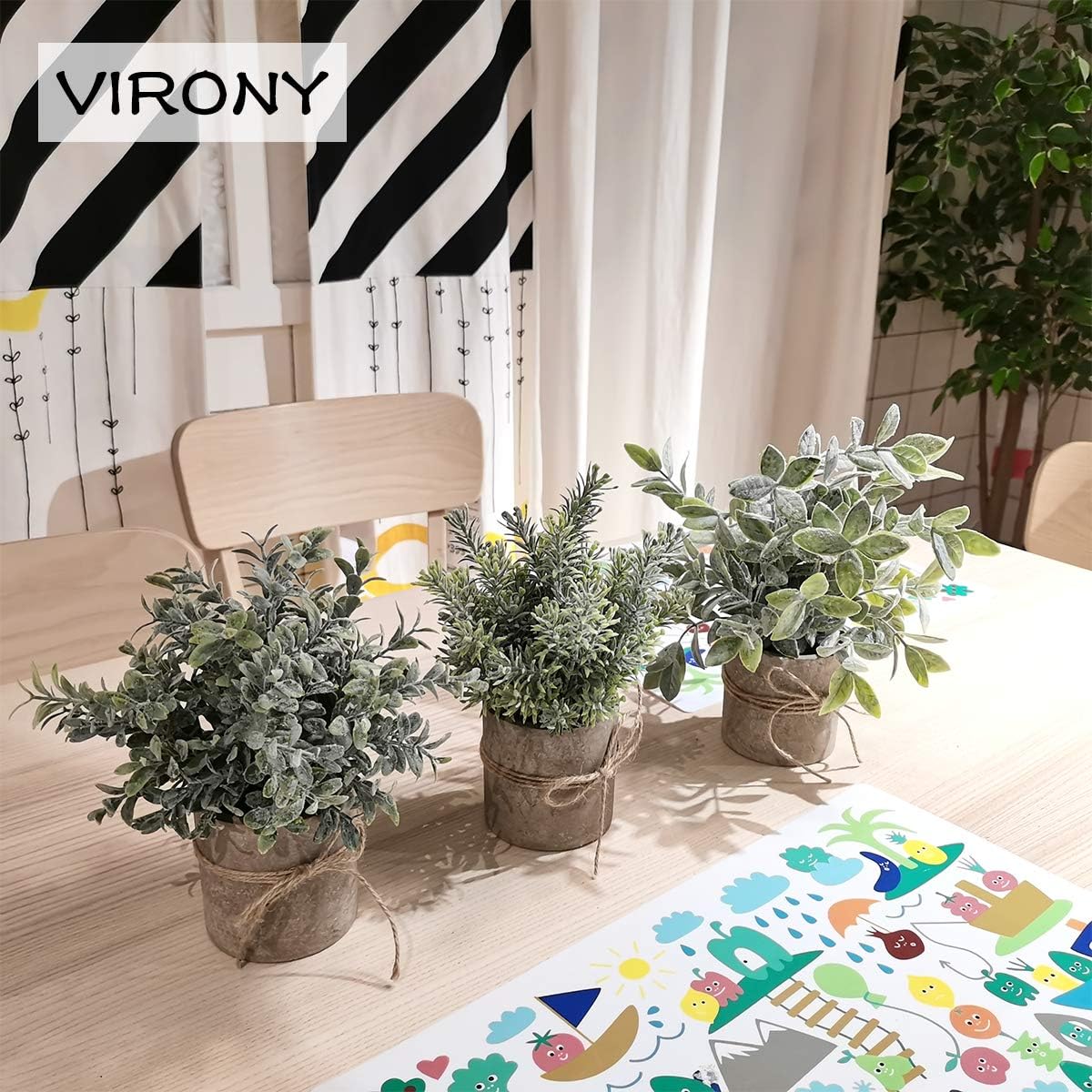 VIRONY Mini Potted Artificial Plants Plastic Fake Plants Faux Green Grass Topiary Shrubs for Home Bathroom Office Desk Decor Set of 3 Pack -