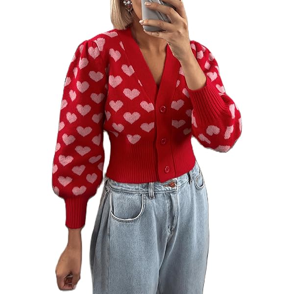 Women's Heart Print Drop Shoulder Crop Cardigan - Button Front Knitted Sweater, Long Sleeve - View #14