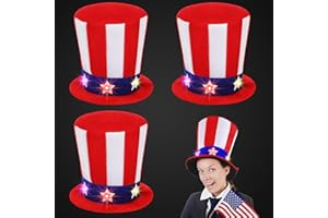 Velmitten 4 Pcs 4th of July Lighted Top Hats LED Patriotic Hat Light Up Memorial Day Hat American Flag Top Hats Red White Blue Hat with Lighted Stars Independence Day Party Accessories for Kids Adults