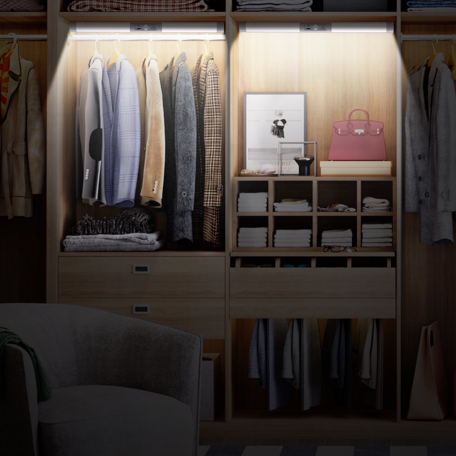 Lampe de Placard 22 LED Veilleuse LED avec Détecteur de Mouvement 3 Modes d’Eclairage Lampe d\'Armoire à Pile sans Fil USB Rechargeable pour Armoire Placard Meuble de Cuisine Escalier Miroir Lumière Chaud