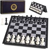 AMEROUS 10 Inches Magnetic Travel Chess Set with Folding Chess Board - 2 Extra Queens - Instructions for Beginner, Kids and Adults