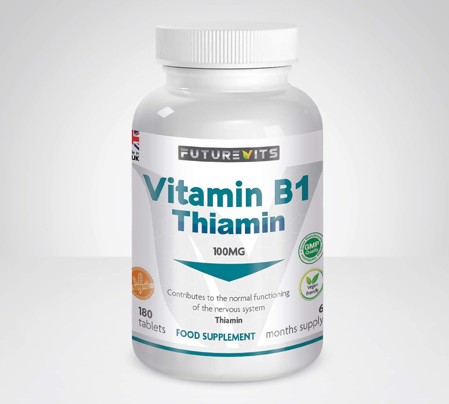 Vitamin B1 100mg (Thiamin) 180 Tablets Suitable for Vegans and Vegetarians Made in UK by Futurevits 6 Month Supply, Premium Grade only