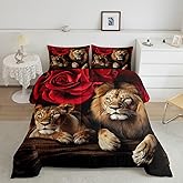 Erosebridal Rose Flower Room Decor Comforter Set,Animal Lion Print Bedding Set for Kids Teen Boys Girls Home Bedroom,Floral Comforter Sets,Modern Style Down Alternative King Size
