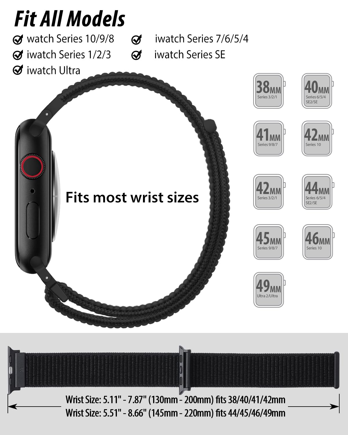 Nylon Loop Sport Band Compatible with Apple Watch Bands 44mm 45mm 46mm 49mm 42mm for Women Men, iWatch Wrist Straps for Ultra 2, SE, Series 10 9 8 7, Breathable, Soft Band Ideal for Outdoor