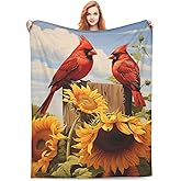 amepay Red Cardinal Sunflower Blanket Gifts for Women Floral Birds Flannel Throw Blankets Soft Comfy Lightweight for Home Decor Couch Bed Sofa 60x50 Inches
