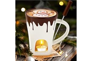 Hot Chocolate Fondue Mug Set – Ceramic Chocolate Melting Fondue Cup with Fork and Tealight, Personal Cheese,Sweet Caramel Mel
