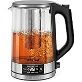 Gourmia Programmable Digital Glass Kettle – 1.7L Adjustable Temperature Electric Kettle with 6 Presets, Keep Warm, Stainless Steel Tea Infuser, 360° Swivel Base, Black