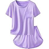 Petite&Me Silk Girls Pajamas Soft T-Shirt Flowy Shorts Flora Party Sleepwear Set for Kids/Teens