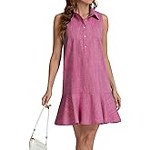 YEXPINE Women‘s Sleeveless Shirt Dress Ruffle Hem Cotton Tunic Tank Dress Button Up Swing Shift Mini Dresses