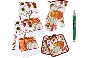 Harvest Pumpkin Kitchen Linens Set Include 2 Quilted Pot Holders, 2 Dish Towels and 1 Oven Mitt - Great for Autumn, Fall & Thanksgiving | Bundle Includes a Soko Smiles Stylus Pen.