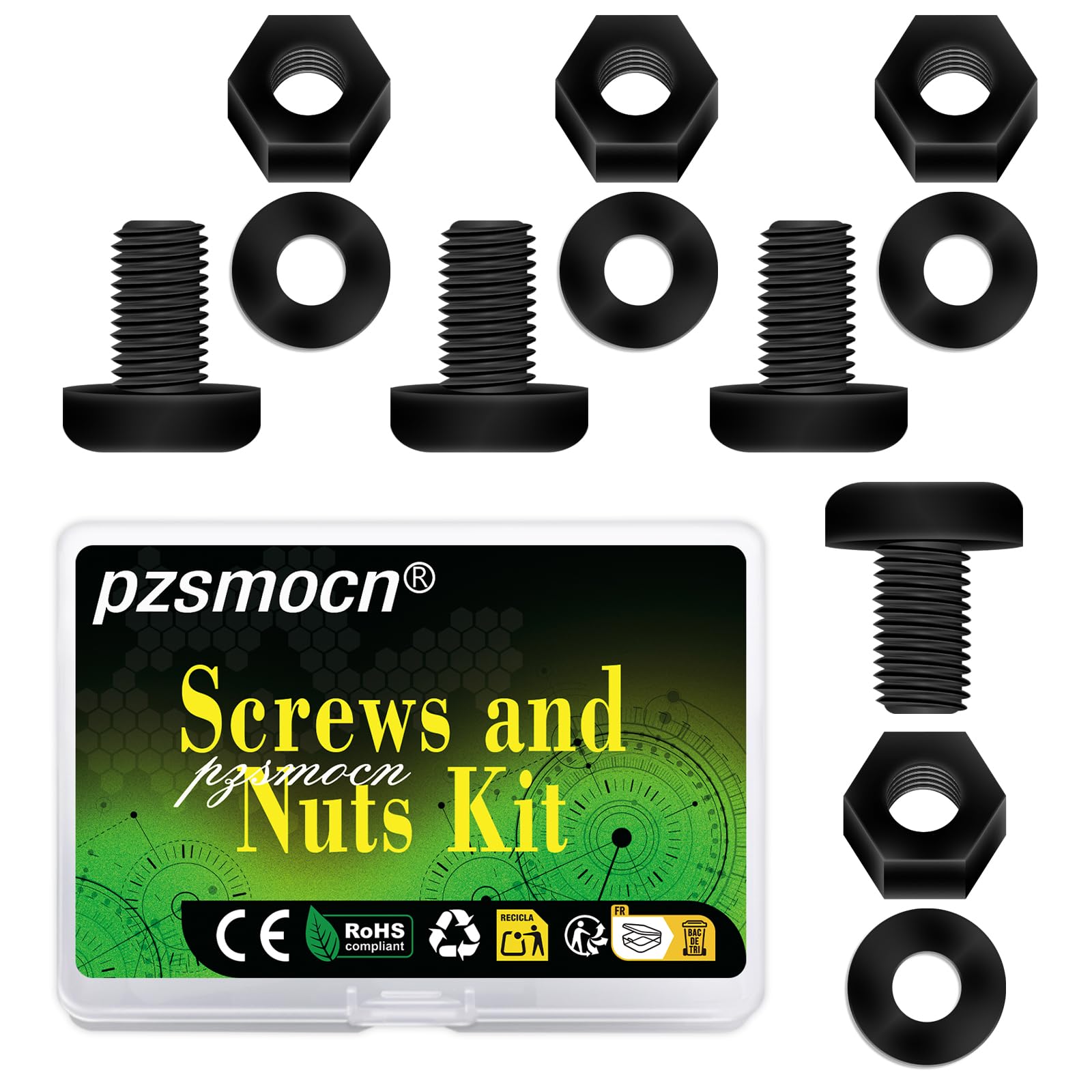 Pzsmocn 150 Pieces/50 Sets M5*8 mm Plastic Black Nylon Cross Round Head Screw Hexagonal Nut Combination Kit, with Insulating Washers, Standard Size, For DIY and Electronic Assembly.