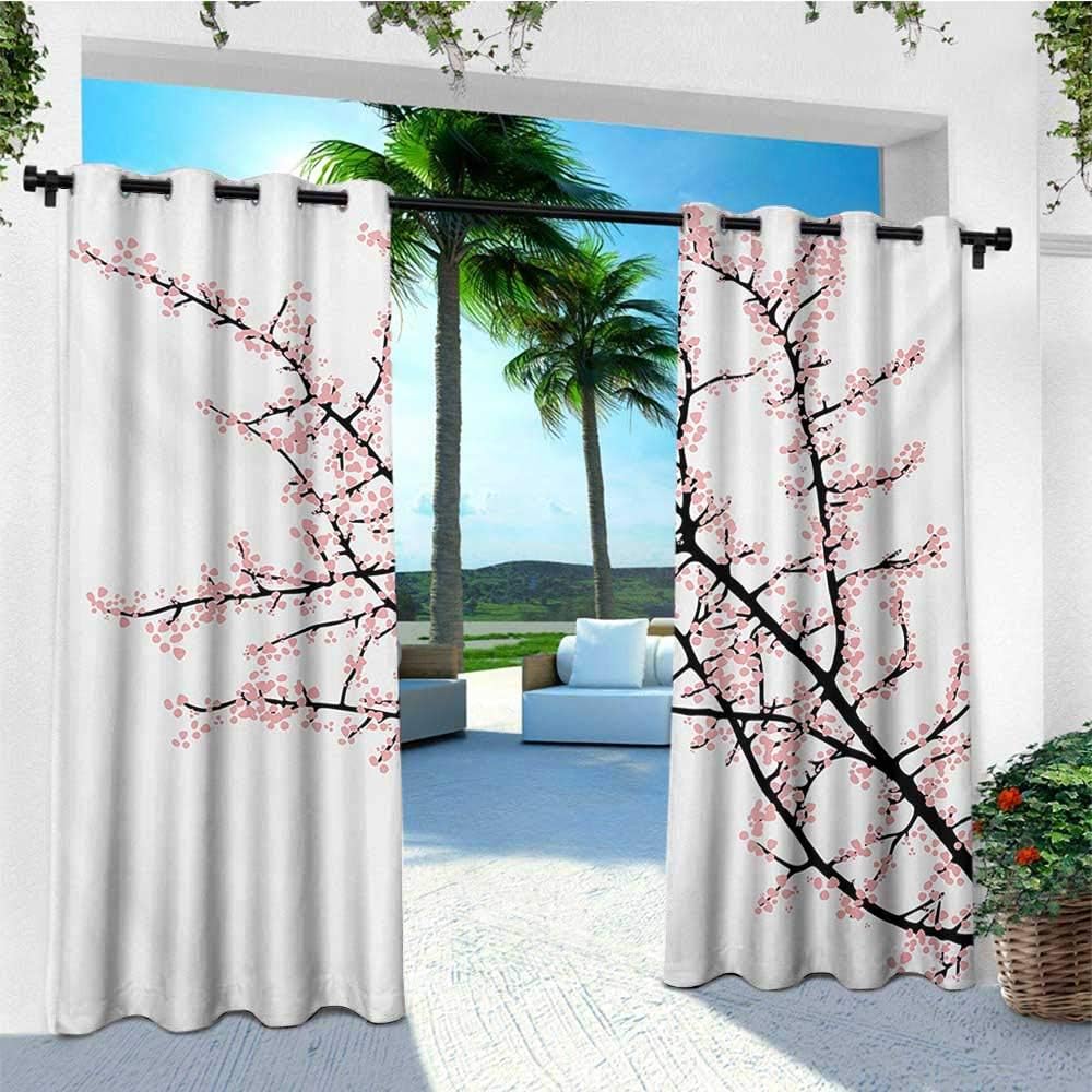Floral, Outdoor Curtain panels Set of 2, Cherry Branch with Pink Blossom Traditional Style Illustration Asia Culture Themed, Outdoor Curtain panels for Patio Waterproof W96 x L96 Inch Pink Black