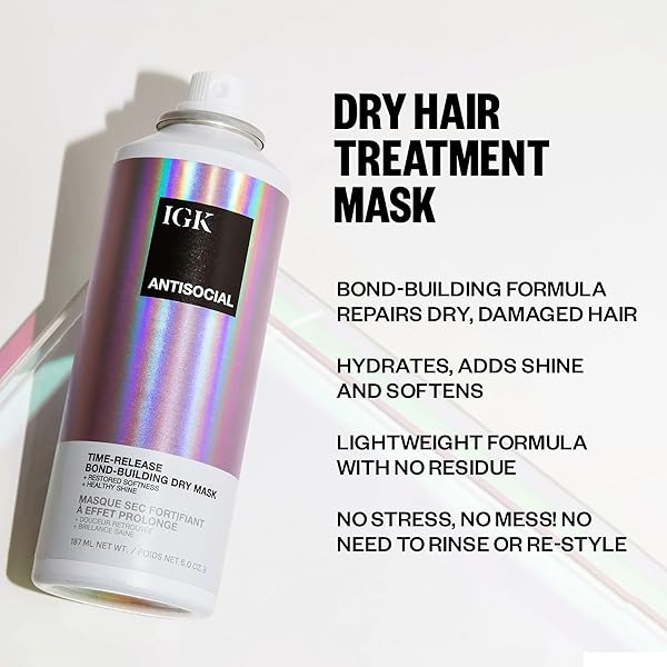 IGK – ANTISOCIAL – HAIR MASK FOR DAMAGED HAIR – BOND BUILDING OVERNIGHT HAIR REPAIR TREATMENT FOR SPLIT ENDS, DRY HAIR & HAIR EXTENSION CARE – STRENGTHENS, HYDRATES AND ADDS SHINE – 5.0 OZ