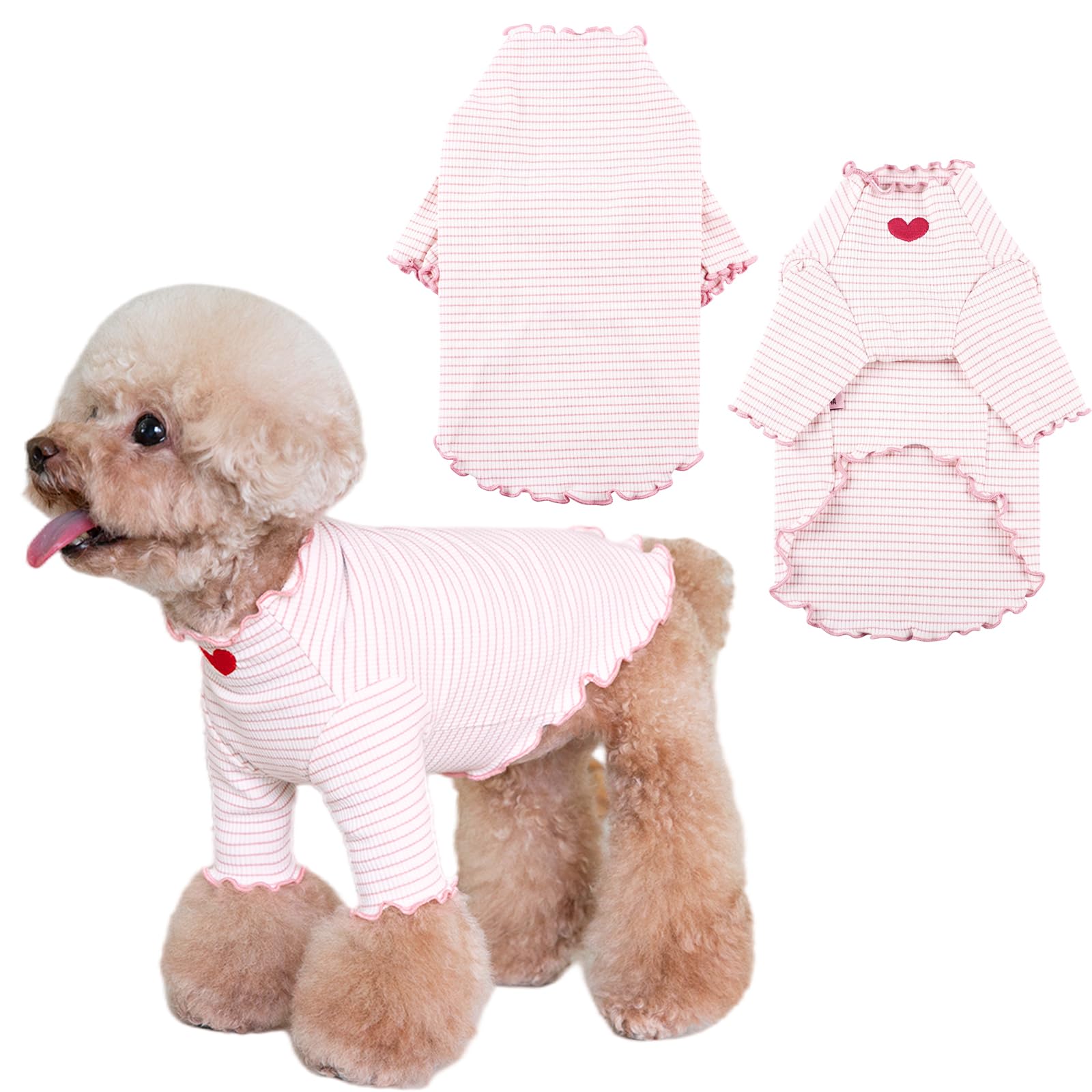 Yaopelky Dog Shirt for Small Medium Dogs Striped T-Shirt with Heart Embroidery Stretchable Ruffle Dog Clothes for Chihuahua Schnauzer Yorkie Shih Tzu (White, M)