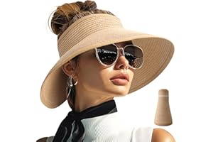 PFFY Sun Hats for Women Straw Beach Hat Packable Foldable Wide Brim Ponytail Travel Visor