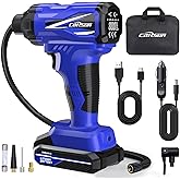 CARSUN Tire Inflator Portable Air Compressor, 150PSI Cordless Tire Pump with DC 12V/Battery Dual Power Supplies, Portable Handheld Air Pump, Digital Pressure Gauge for Car Tires, Bicycles, Balls, Blue