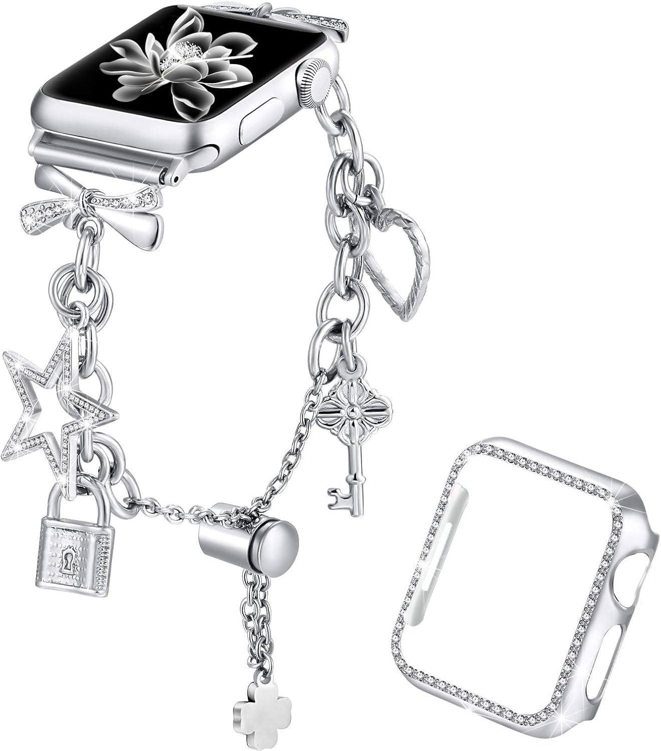 Dilando Bling Bracelet Compatible with Apple Watch Bands Charms 42mm 44mm with Bling Diamond Case Women Metal Strap for Iwatch Series SE 6 5 4 3 2 1 Adjustable Stainless Steel (Silver, 44mm)