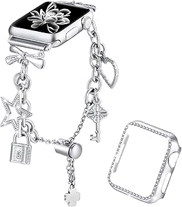 Dilando Bling Bracelet Compatible with Apple Watch Bands Charms 42mm 44mm with Bling Diamond Case Women Metal Strap for Iwatch Series SE 6 5 4 3 2 1 Adjustable Stainless Steel (Silver, 44mm)