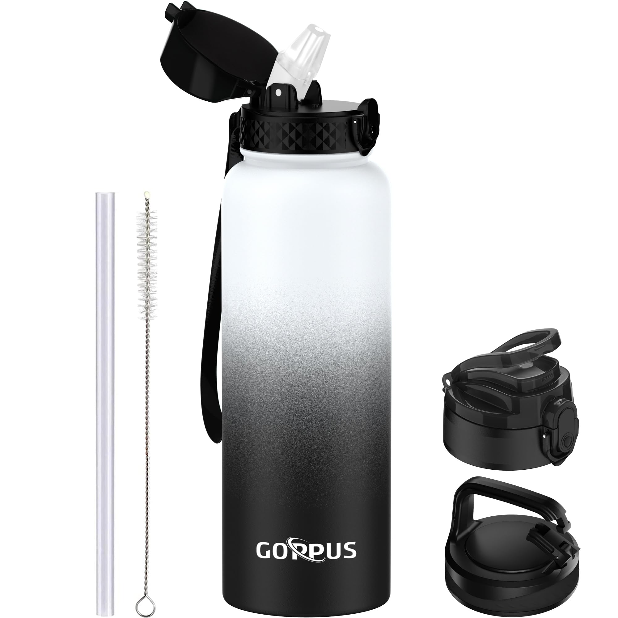 GOPPUS 1.2L/40oz Stainless Water Bottle with Straw Double Wall Insulated Bottles with Strap Large Vacuum Thermal Flask Leakproof Keep Cold Drinks Bottles with Flip Top Lid for Men Women BPA Free — image 1