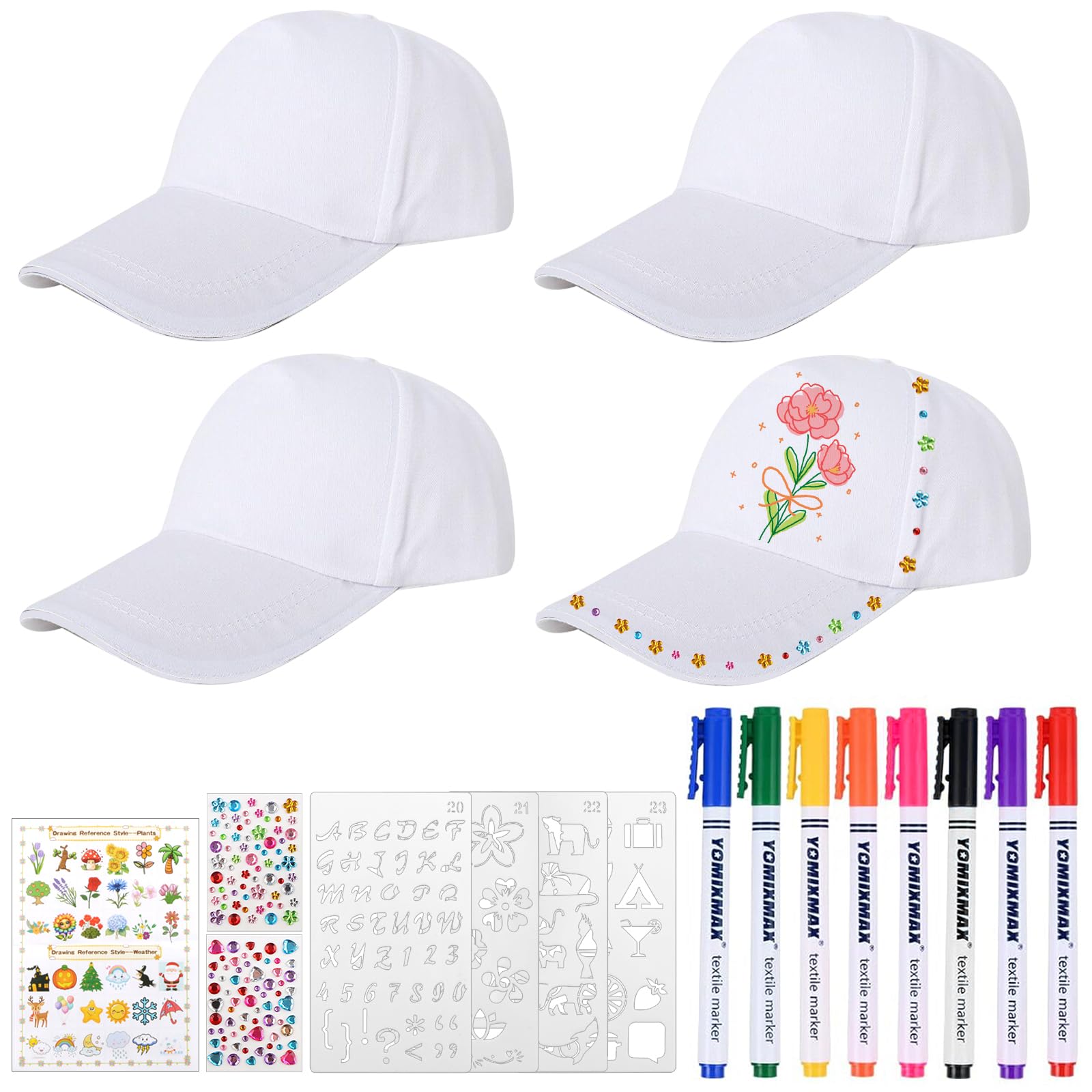 goubinZH 4 Pieces DIY Kids Baseball Cap White Cotton Blank Art Painting Hat Adjustable Casual Beach Sun Hats with Colored Sticks Painting Templates and Box for Children Outdoor Sports Activities Camp