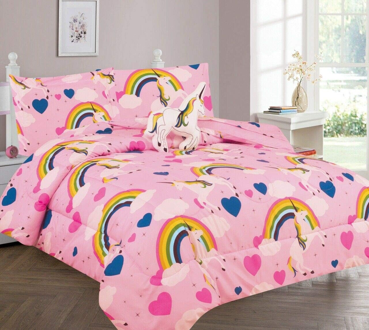 RARE PERFUME Kids Collection 6PC Twin Bed in Bag Comforter & Sheet Set Reversible Assorted Designs (Unicorn Rainbow)