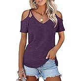 Minclouse Women's Summer Short Sleeves Tops Cold Shoulder V Neck Shirts Casual Strappy Tees