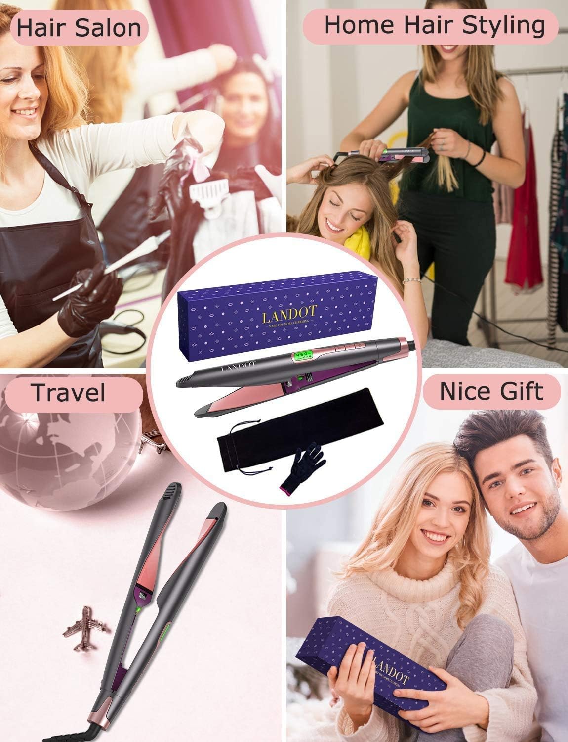 LANDOT Hair Straightener and Curler 2 in 1, Twist Straightening Curling Iron, Professional Negative Ion Flat Iron with Adjustable Temp for All Hair Types, Instant Heating, Dual Voltage: Health & Personal Care