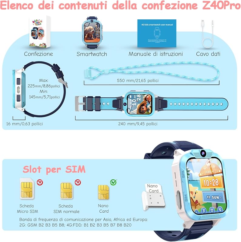 Smartwatch Bambini 4G con Videochiamata HD, 1.85" Orologio Telefono Bambini con GPS, WiFi e LBS, SOS, Batteria 850mAh, Modalità Scuola, Contapassi, Sveglia, IP68 Impermeabile, 5-12 Anni, Blu — foto 8 di 8