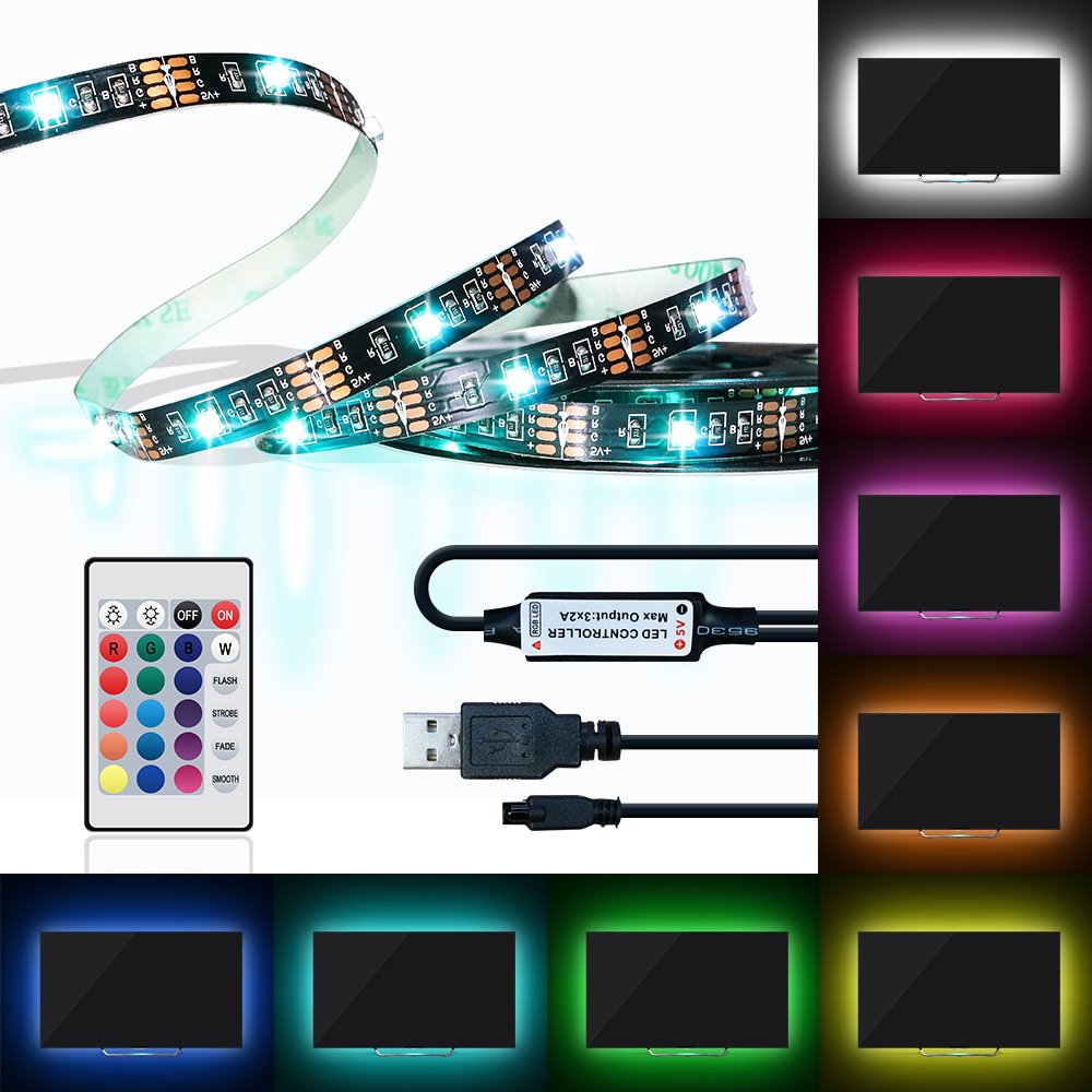 KUD LED Strip Lights, 6.56FT RGB Flexible 60 LEDs Multi Color USB TV Backlight with IR Controller 24Keys Remote for in 40-60 HDTV, Computer, Background Lighting