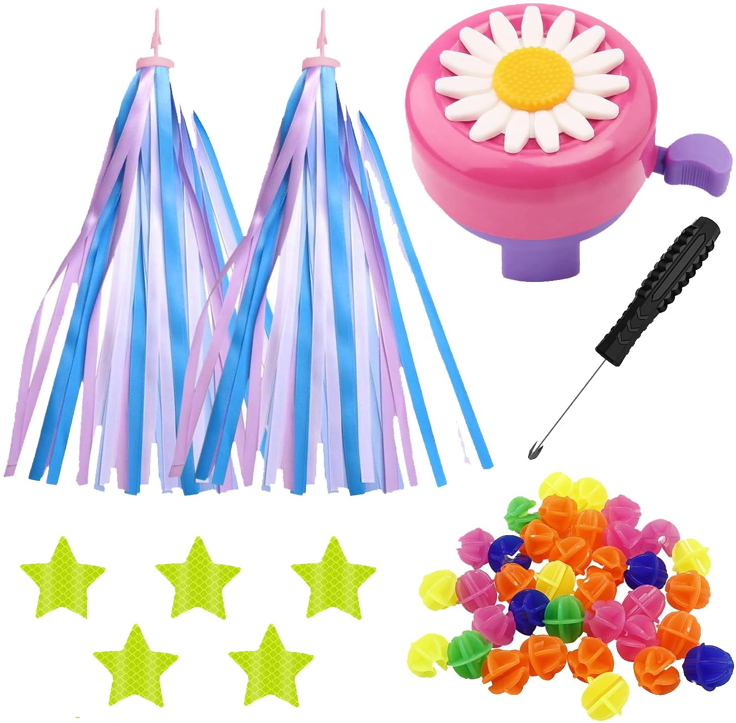 Asaisimg 45 Pcs Girl Bike Bell and Streamers Set, Including 1 Flower Bicycle Bell, 2 Handlebar Streamers Scooter Tassels, 5 Reflective Sticker?36 Bicycle Bead and 1 Screwdriver for Children's Bike
