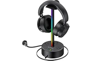 TROND Gaming Headset Stand with PD 20W USB C, 3 Power Outlets, RGB Headphone Holder Power Bar, 5ft Retractable Flat Plug Exte