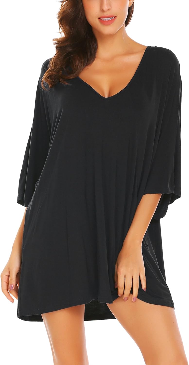 Ekouaer Womens Sleepshirt Sexy Nightshirt Batwing Sleepwear V Neck Loungewear Short Sleeve Nightwear Plus Size at  Women’s Clothing store