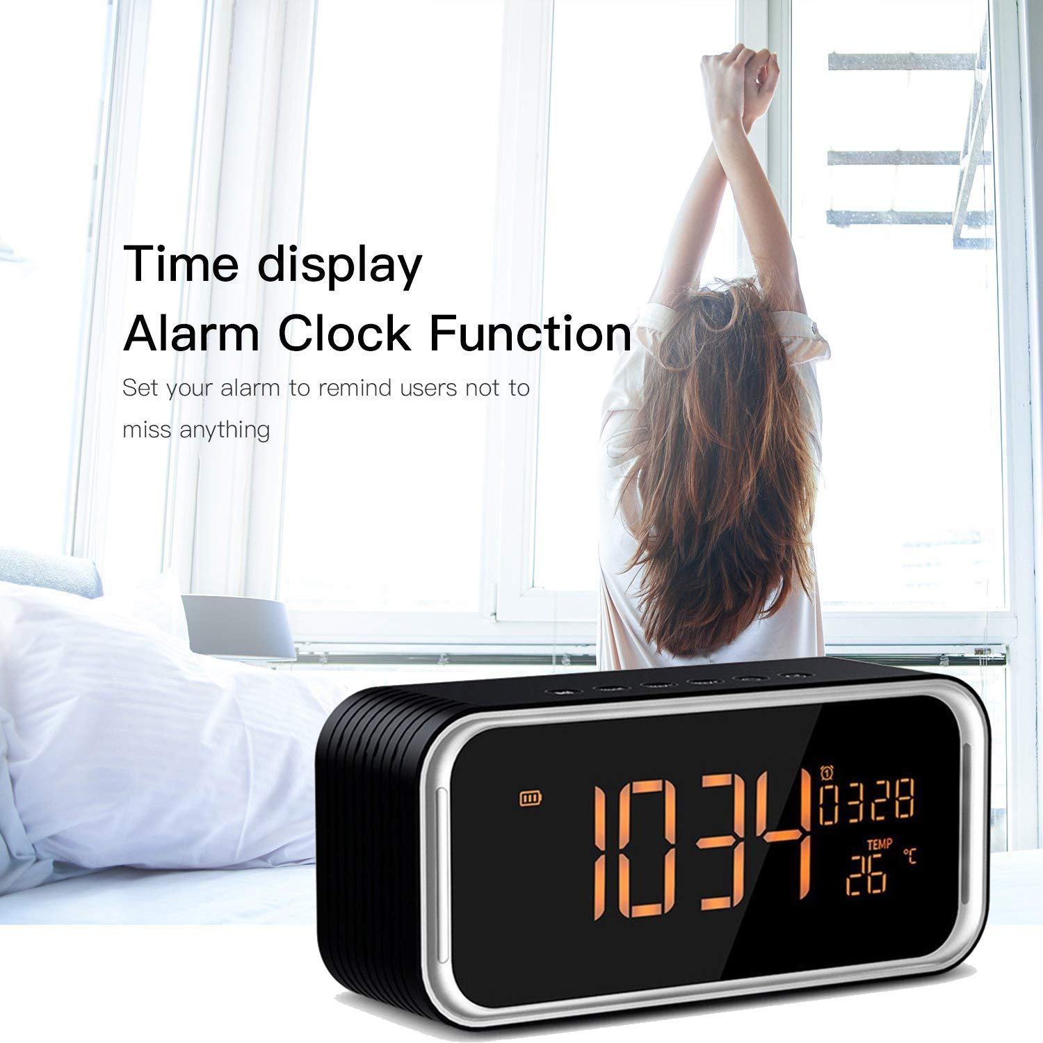 Portable Bluetooth Speaker, XPLUS 4.2 Wireless Bluetooth Speakers with LED Display, Hands-Free Phone Calling, FM Radio,Time,Date,Temperature,Snooze Function Double Alarm Clock (Black)