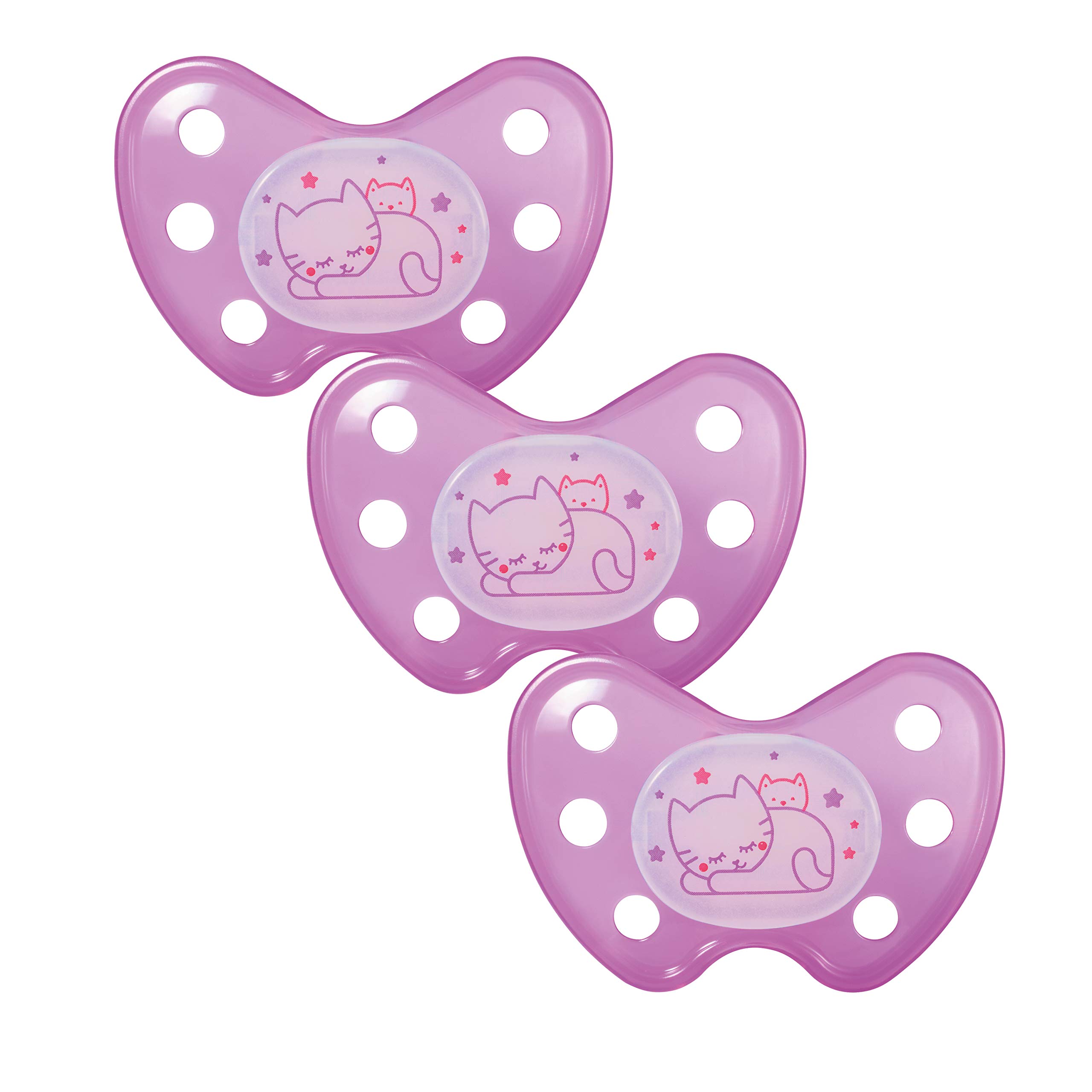 dentistar Night Silicone Soother Set of 3 - Size 3, from 14 Months - Silicone Soother with Dental Step - Glow in The Dark Baby Dummy - Made in Germany - Cat, Pink