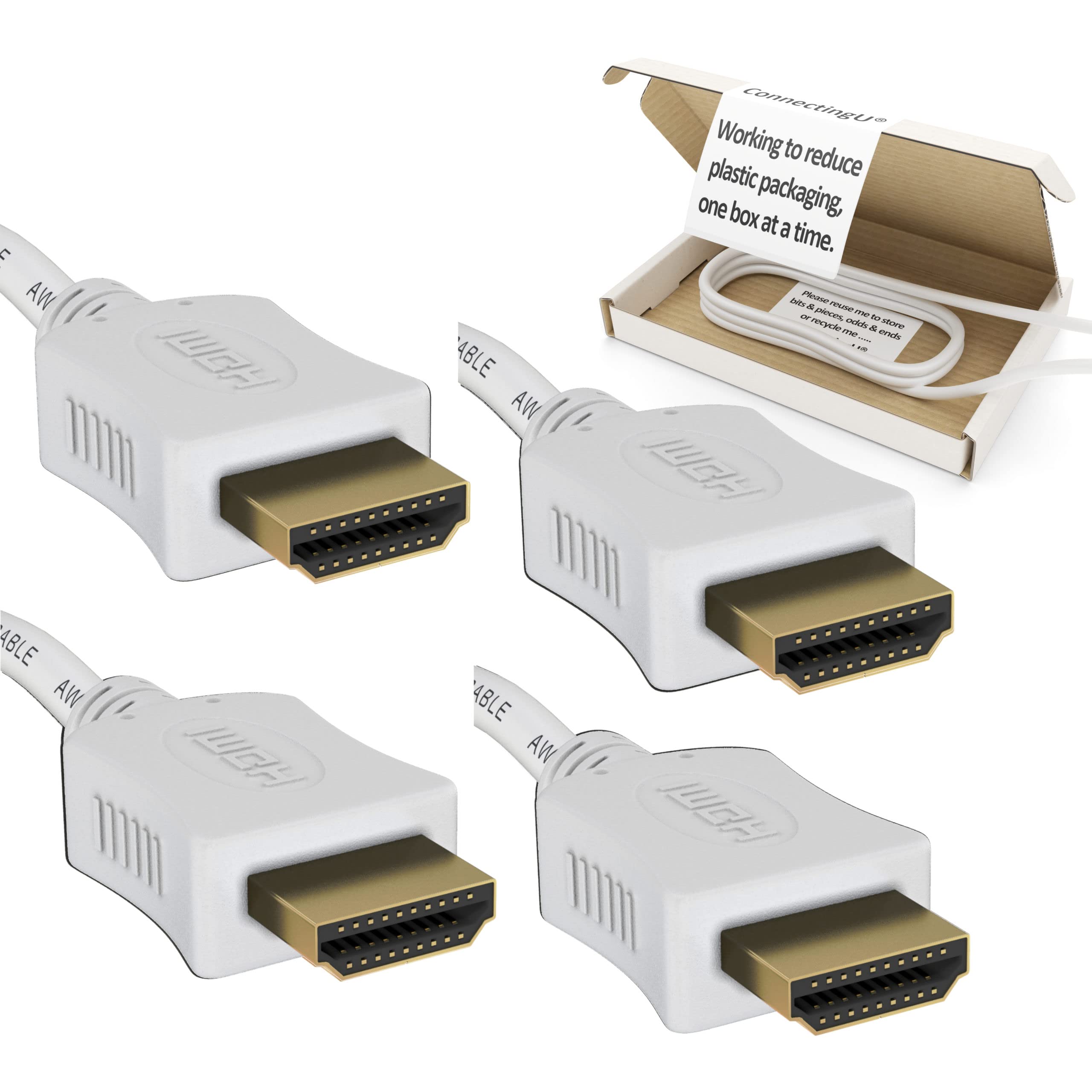 ConnectingU Twin Pack of 1m White 4K/3D HDMI Cable Male to Male with Ethernet, Compatible with PS5, Xbox Series S, Sky, Virgin Media, Blu-ray DVD Player