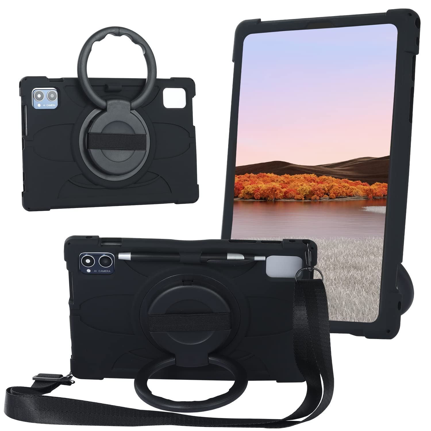 AKNICI Silicone Case for TECLAST M50HD/ TECLAST M50/ TECLAST M50 Pro/TECLAST M40Plus/ TECLAST P30S/ TECLAST P40HD/ Blackview Tab 12 Pro, 360 Kickstand Handle Shoulder Strap Pencil Holder, Black