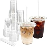 Bouolops Clear Plastic Cups with Lids and Straws, 12 oz 100 Pack Disposable Iced Coffee Cups, Cold Crystal Drink Cup for Party - BPA free