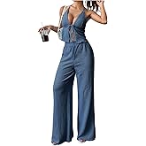 SOLY HUX Women's Sexy 2 Piece Outfits Sleeveless Halter Top and Wide Leg Pants Set