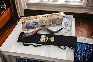 Authentic Kudu Shofar Horn Set by Yaliland | Yemenite Style Half Polished, Half Natural | Includes Velvet Bag, Cleaning Spray