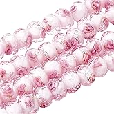 PH PandaHall 70pcs 6~8mm Rose Lampwork Beads Silver Foil Glass Beads Flower Glass Beads Floral Handmade Lampwork Beads Round Loose Beads for Rosary Making Jewelry Craft Making 2mm Hole - Sliver Pink